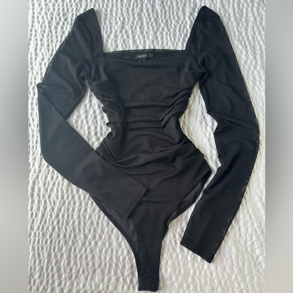 Black Mesh Bodysuit With Ruched Detailing